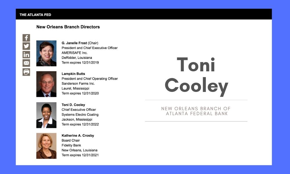 You are currently viewing Toni D. Cooley Appointed to Federal Reserve Bank Board’s New Orleans Branch