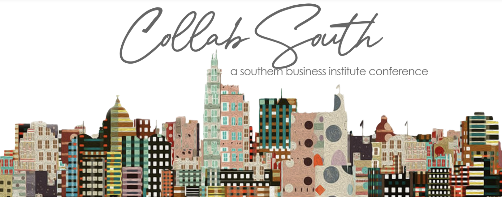 Collab South logo over a cartoon city skyline